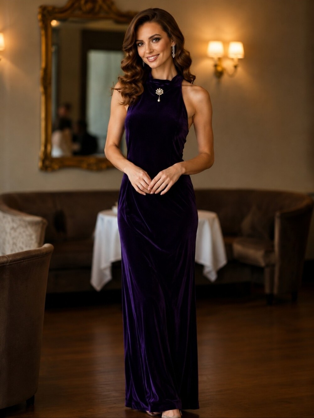 Nu Mode Vintage Purple Velvet Halter Gown with Decorative Open Back & Faux Pearl